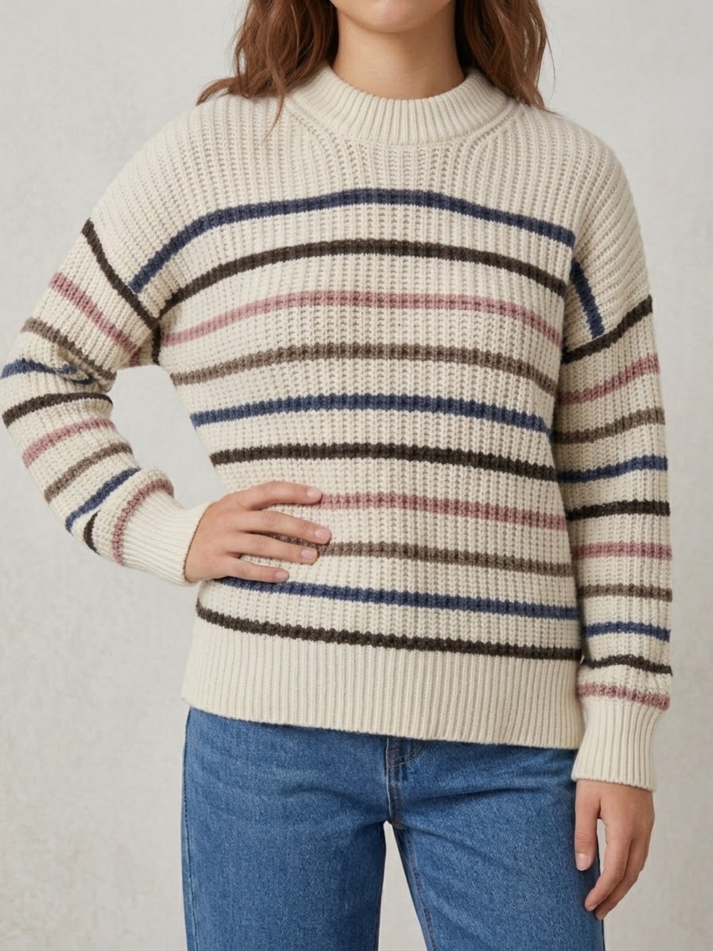 SO Cream Striped Crewneck Sweater with Blue, Pink & Brown Stripes
